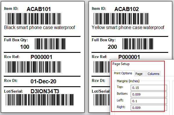 Inventory Label  Barcoded Item, Qty, PO, and Serial, Receiving Date (Three by Four)(75mm x 100mm)