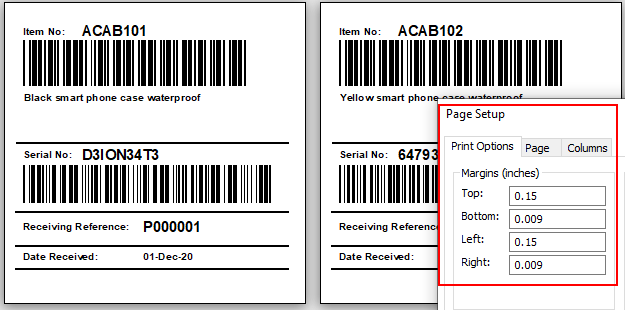 Inventory Label  Barcoded Item and Serial, Description, PO, Receiving Date (Four by Four)(100mm x 100mm)