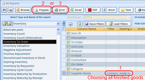Selecting Filters for Inventory to Order Report