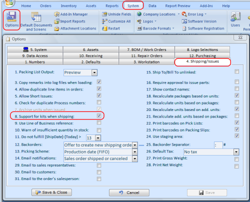 Inventory controllo con Kitting Option