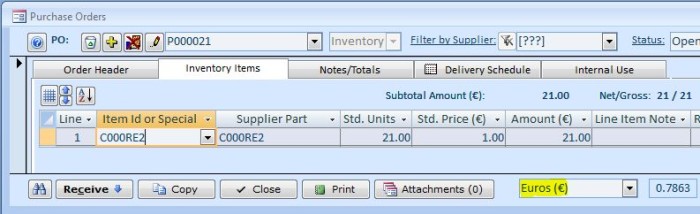Inventory Software- bon de commande étrangères Currency