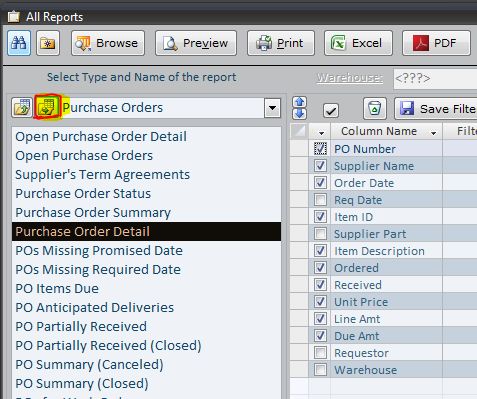Opening Customize Reports screen