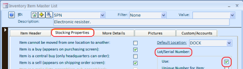 Inventoty Item Master Stocking properties tab